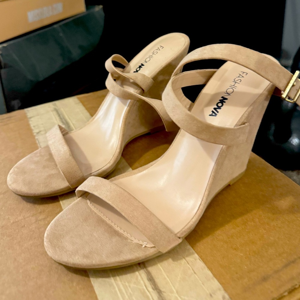 FashionNova Ankle Strap Tan Wedge Heel